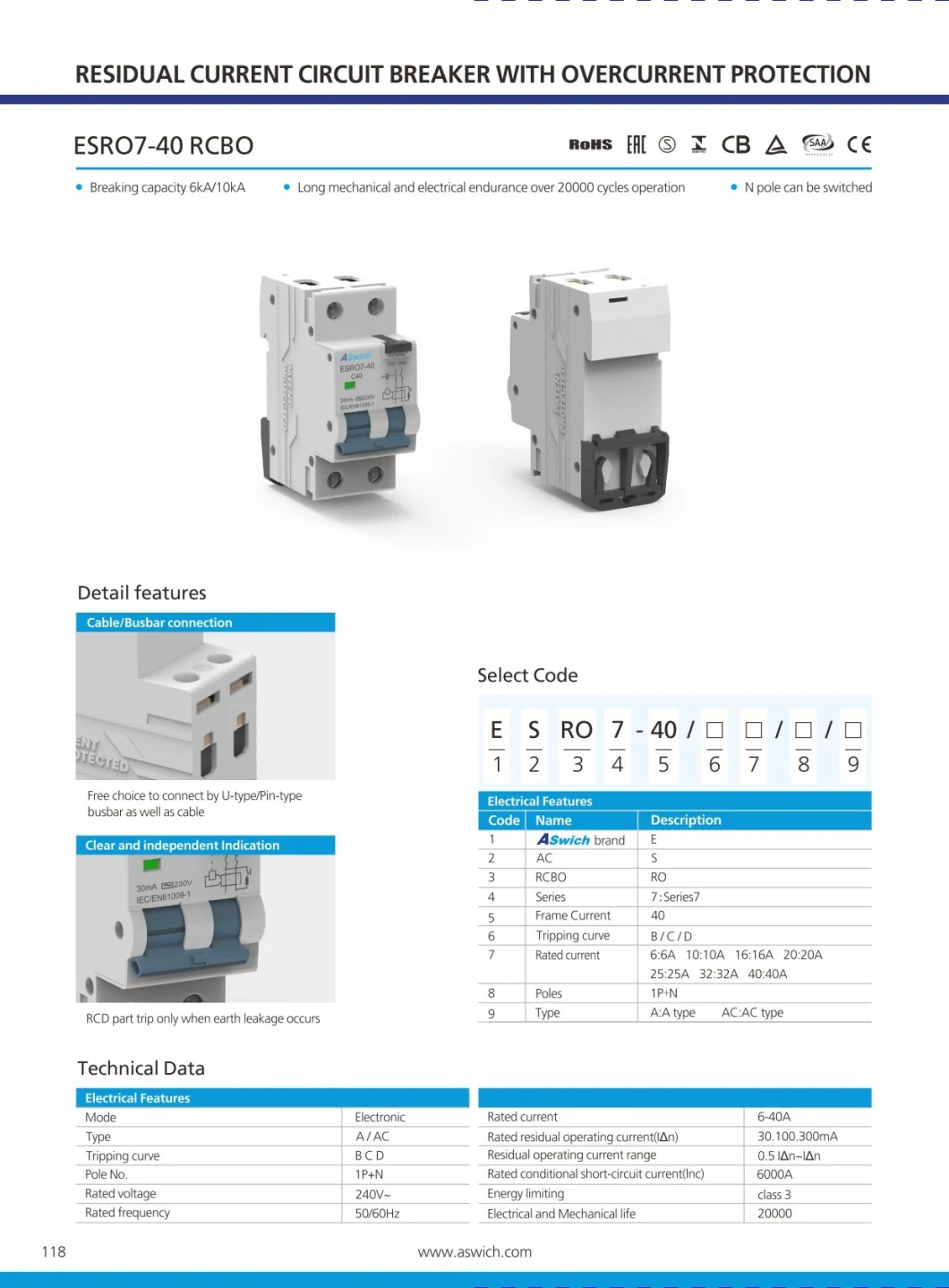 1p+N 30mA DIN Rail AC Earth Fault/Leakage Current Protector Breaker RCBO