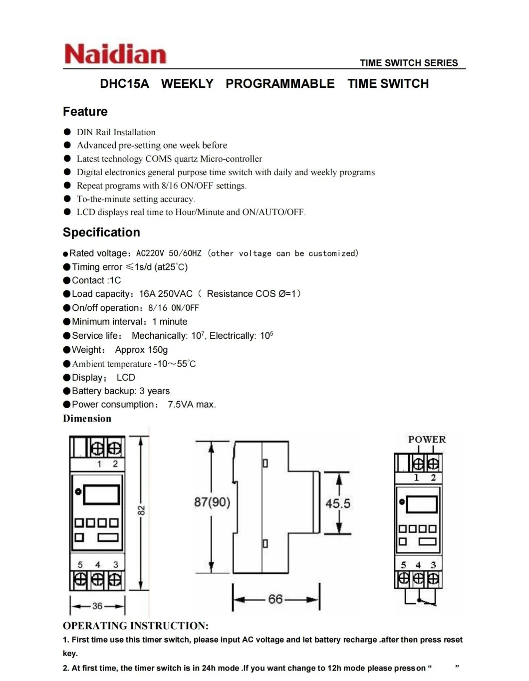 Naidian Good Quality Ahc15A Week Programmable Time Switch 220V LCD